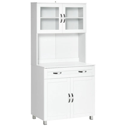 HOMCOM Modern Kitchen Pantry with Buffet Cabinet, Cupboard with Framed Glass Doors and Shelves, White