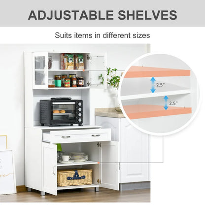 HOMCOM Modern Kitchen Pantry with Buffet Cabinet, Cupboard with Framed Glass Doors and Shelves, White