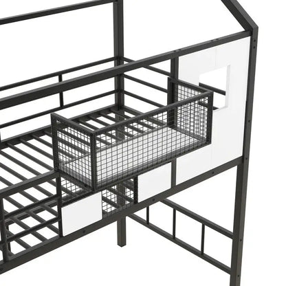 Twin Size Metal Loft Bed with roof design and a storage box