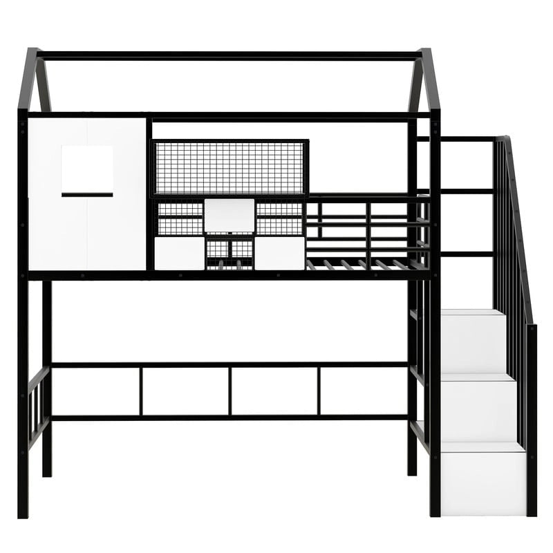 Twin Size Metal Loft Bed with roof design and a storage box