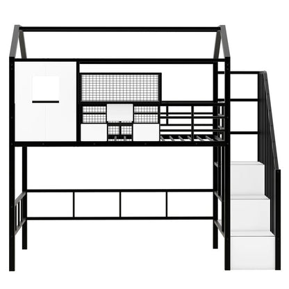 Twin Size Metal Loft Bed with roof design and a storage box