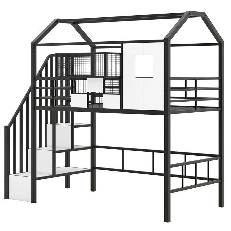 Twin Size Metal Loft Bed with roof design and a storage box