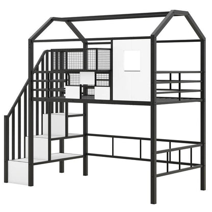 Twin Size Metal Loft Bed with roof design and a storage box