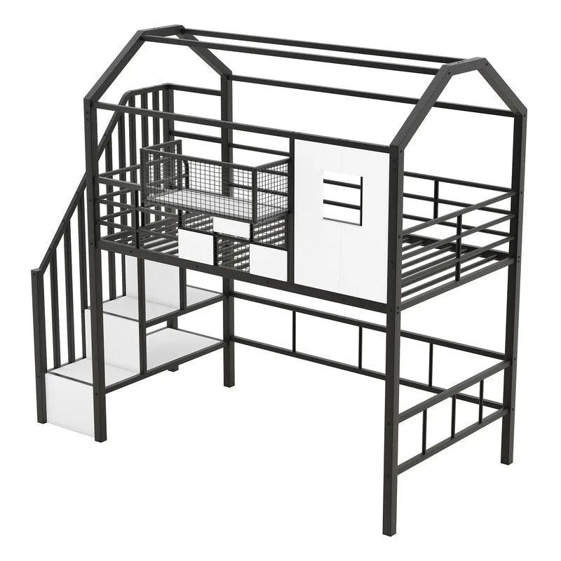 Twin Size Metal Loft Bed with roof design and a storage box