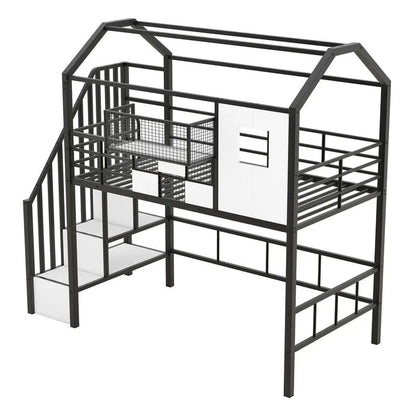 Twin Size Metal Loft Bed with roof design and a storage box