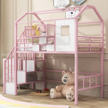 Twin Size Metal Loft Bed with roof design and a storage box
