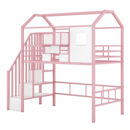Twin Size Metal Loft Bed with roof design and a storage box