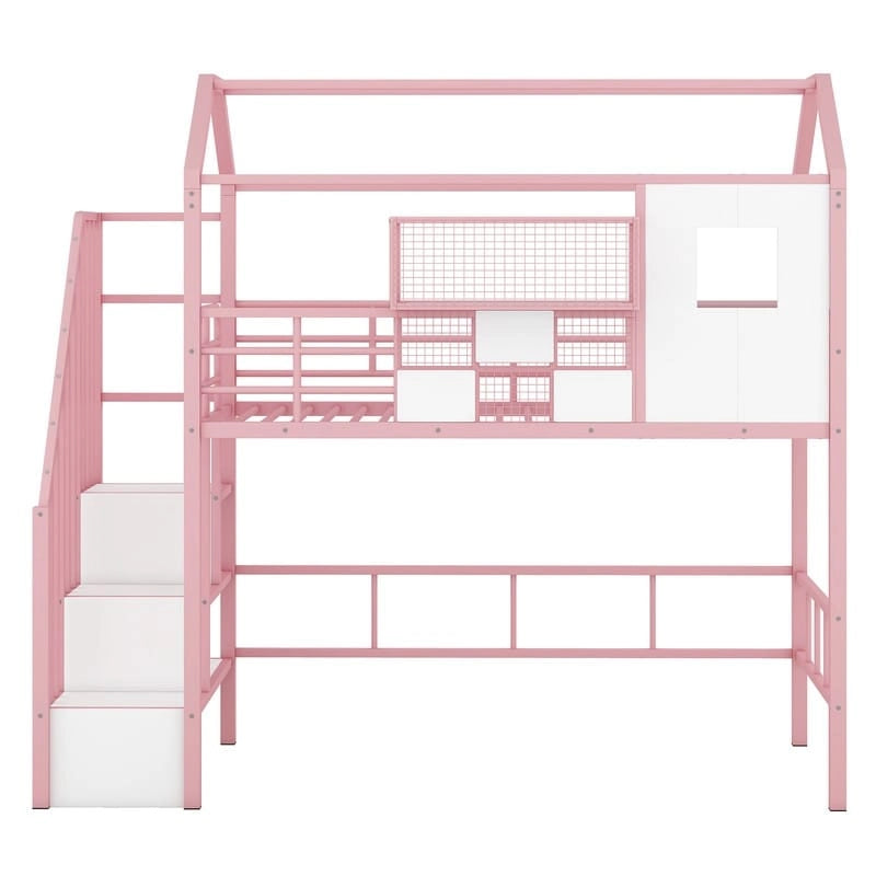 Twin Size Metal Loft Bed with roof design and a storage box