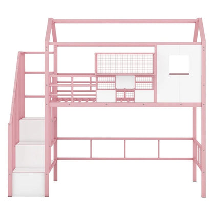 Twin Size Metal Loft Bed with roof design and a storage box