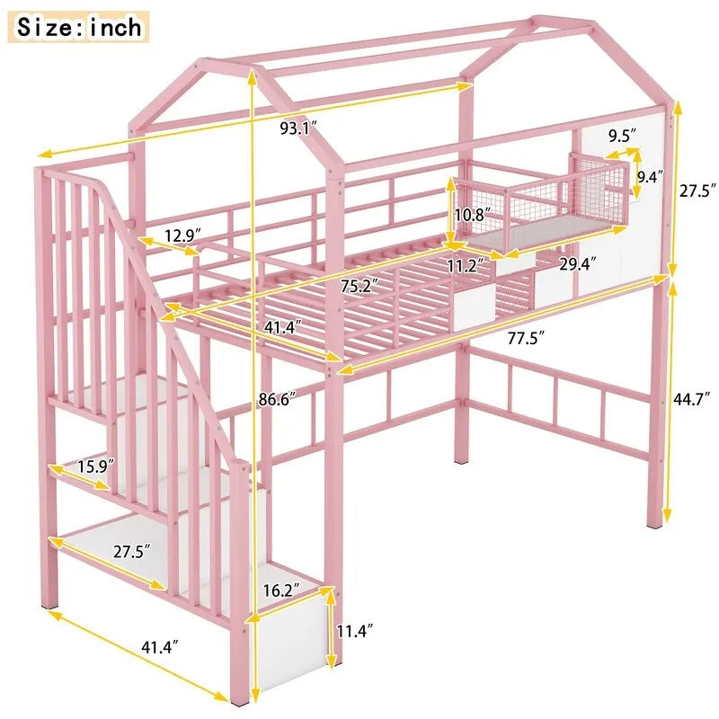 Twin Size Metal Loft Bed with roof design and a storage box