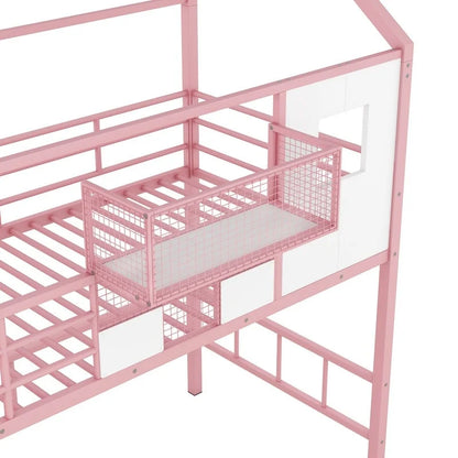 Twin Size Metal Loft Bed with roof design and a storage box