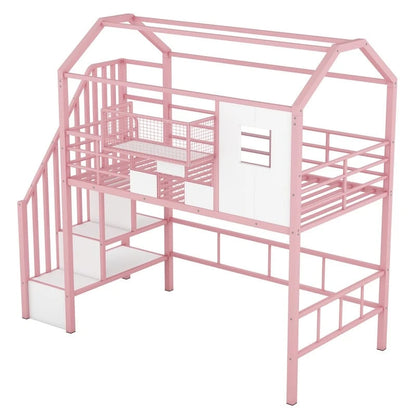Twin Size Metal Loft Bed with roof design and a storage box