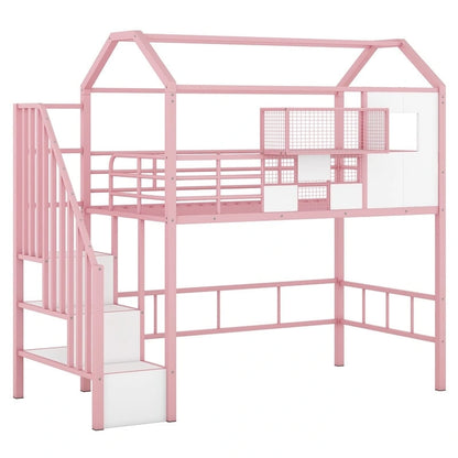 Twin Size Metal Loft Bed with roof design and a storage box