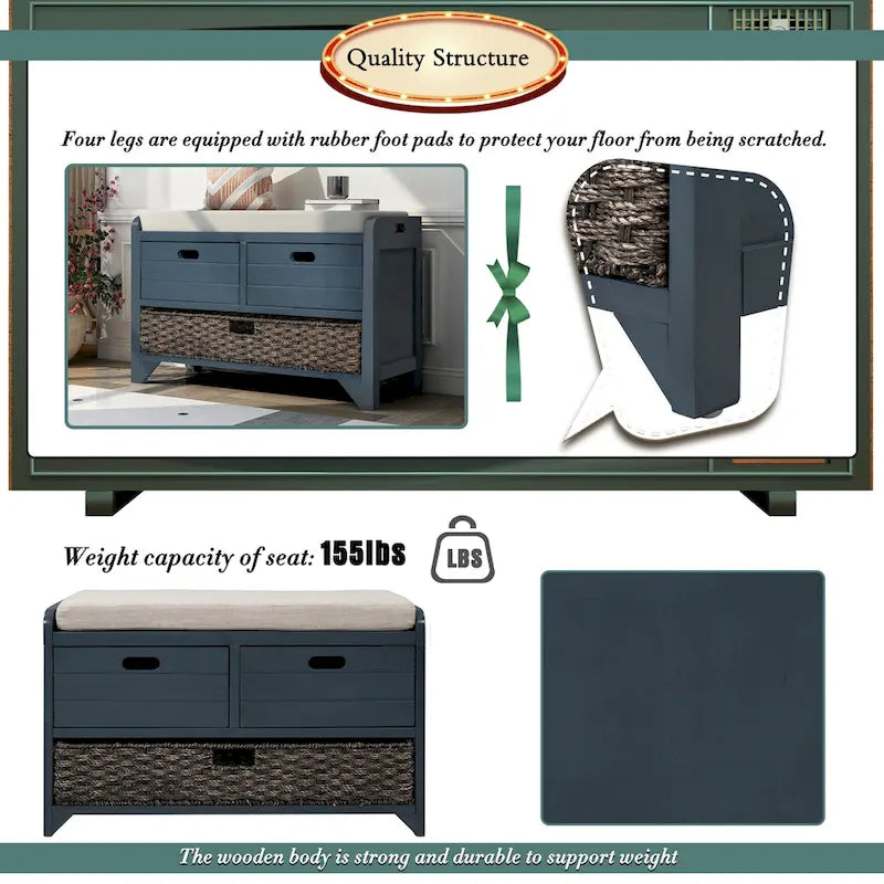 Nestfair Storage Bench Entryway Bench with Removable Basket and 2 Drawers