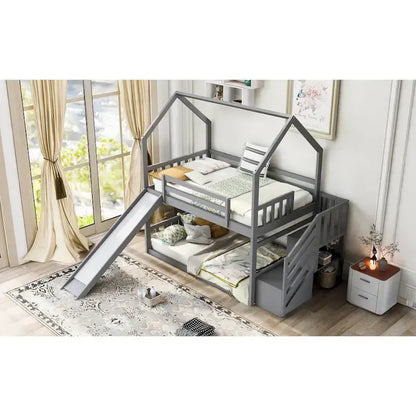 Twin over Twin House Bunk Bed with Convertible Slide,Storage Staircase can be Placed Left or Right,Gray