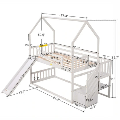 Twin over Twin House Bunk Bed with Convertible Slide,Storage Staircase can be Placed Left or Right,Gray