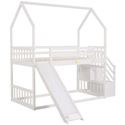 Twin over Twin House Bunk Bed with Convertible Slide,Storage Staircase can be Placed Left or Right,Gray