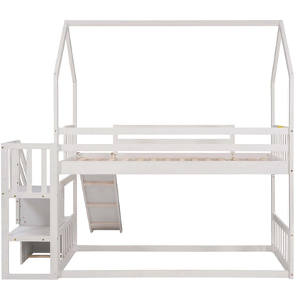 Twin over Twin House Bunk Bed with Convertible Slide,Storage Staircase can be Placed Left or Right,Gray