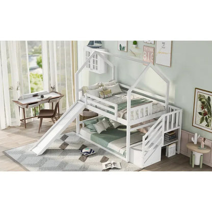 Twin over Twin House Bunk Bed with Convertible Slide,Storage Staircase can be Placed Left or Right,Gray