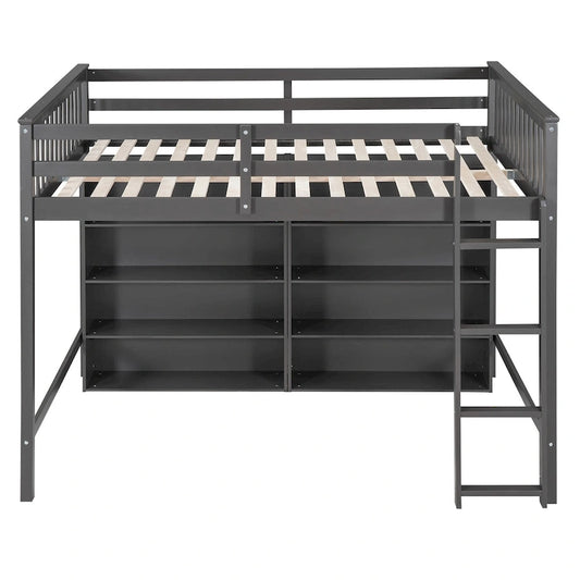 Full Size Loft Bed with 8 Open Storage Shelves and Built-in Ladder, Gray
