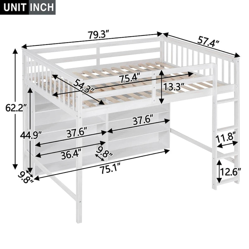 Full Size Loft Bed with 8 Open Storage Shelves and Built-in Ladder, Gray