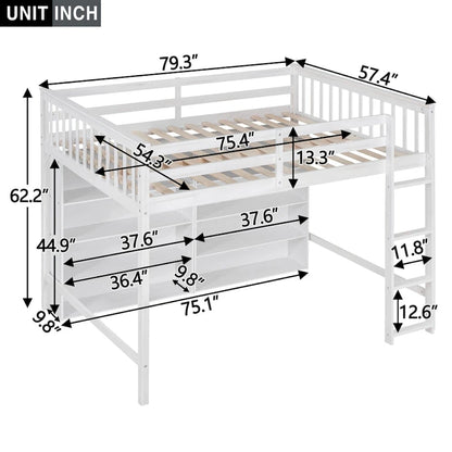 Full Size Loft Bed with 8 Open Storage Shelves and Built-in Ladder, Gray