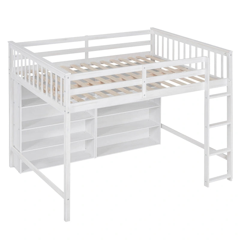 Full Size Loft Bed with 8 Open Storage Shelves and Built-in Ladder, Gray