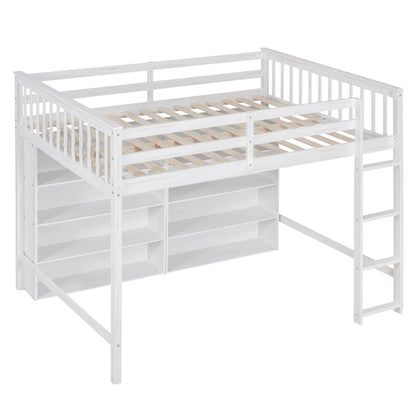 Full Size Loft Bed with 8 Open Storage Shelves and Built-in Ladder, Gray