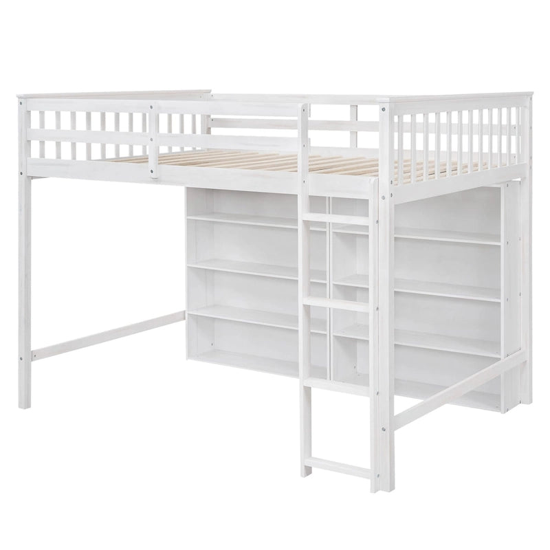 Full Size Loft Bed with 8 Open Storage Shelves and Built-in Ladder, Gray