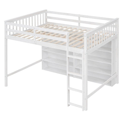 Full Size Loft Bed with 8 Open Storage Shelves and Built-in Ladder, Gray