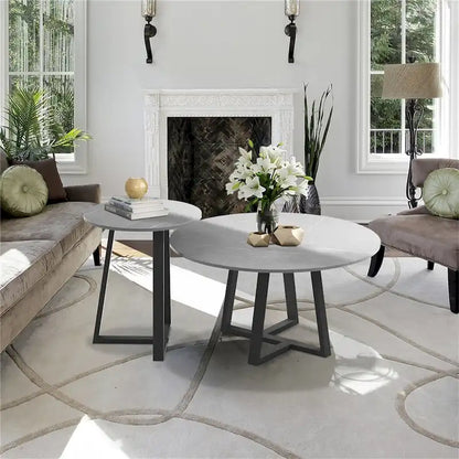 Set of 2 Round Nesting Tables Sintered Stone Marble Coffee Table - 31.5x15.7 inch