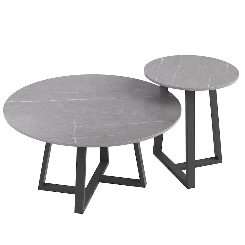 Set of 2 Round Nesting Tables Sintered Stone Marble Coffee Table - 31.5x15.7 inch