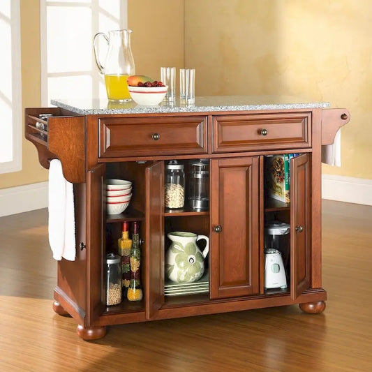 Crosley Alexandria Solid Granite Top Kitchen Island in Classic Cherry Finish - 51.5 W x 18 D x 34 H