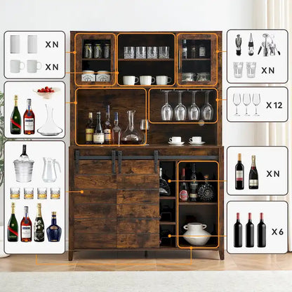 Farmhouse Wine Cabinet Kitchen Buffet with Wine Rack - 15.7D x 47.2W x 69.6H