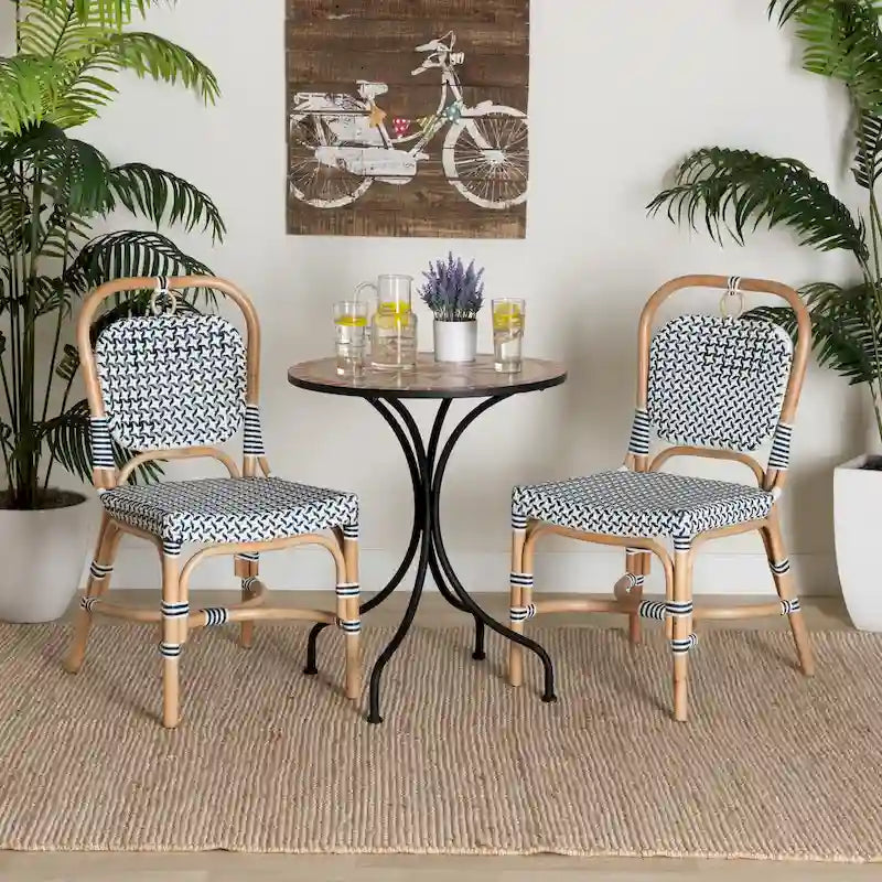 Luciana Modern French Blue and White Weaving Natural Rattan Bistro Chair