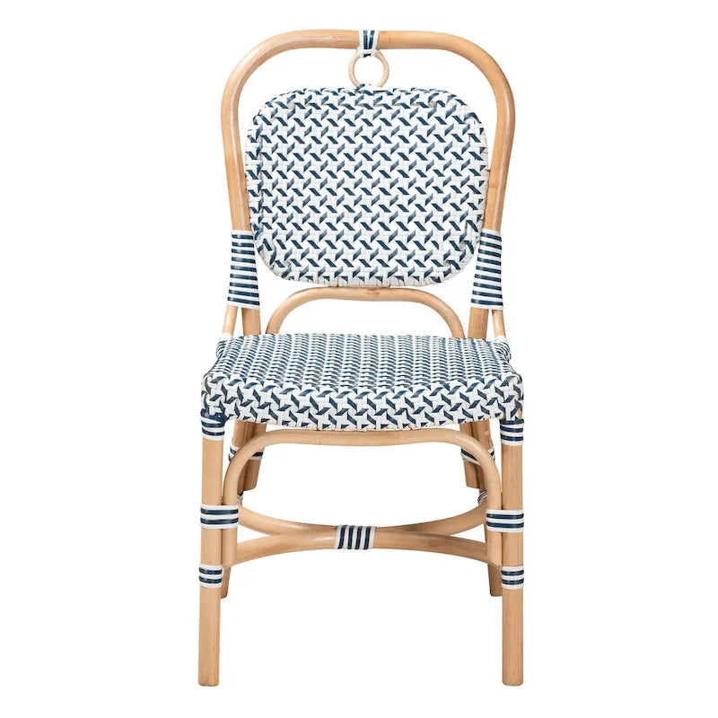 Luciana Modern French Blue and White Weaving Natural Rattan Bistro Chair