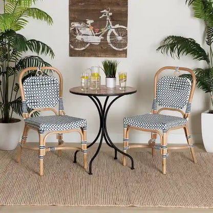 Luciana Modern French Blue and White Weaving Natural Rattan Bistro Chair