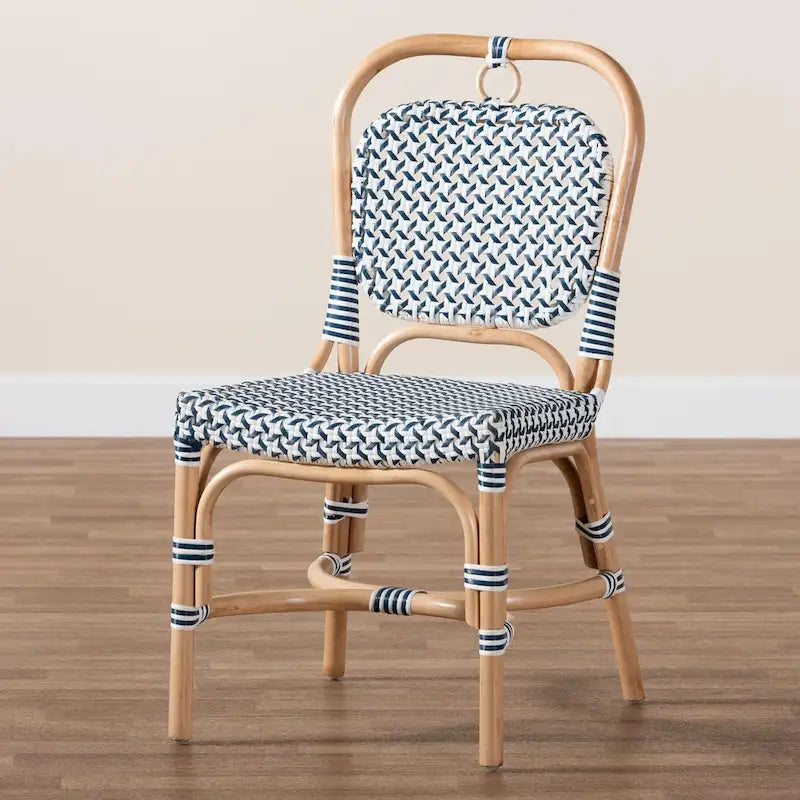 Luciana Modern French Blue and White Weaving Natural Rattan Bistro Chair
