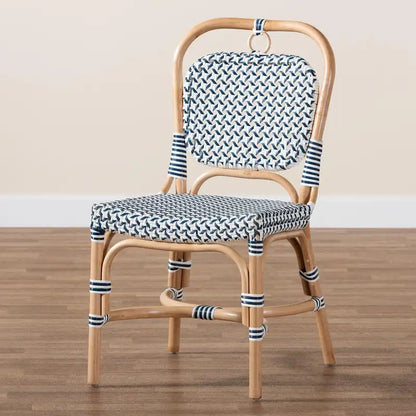 Luciana Modern French Blue and White Weaving Natural Rattan Bistro Chair