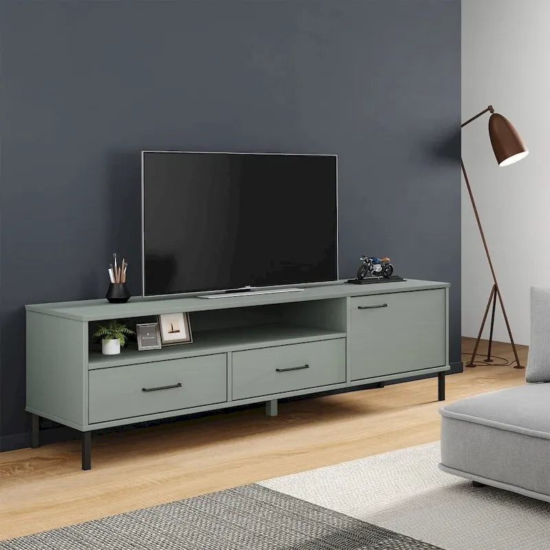 TV Stand TV Console with Metal Legs Solid Wood Pine OSLO - 62.2 x 15.7 x 18.3