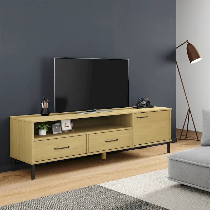 TV Stand TV Console with Metal Legs Solid Wood Pine OSLO - 62.2 x 15.7 x 18.3