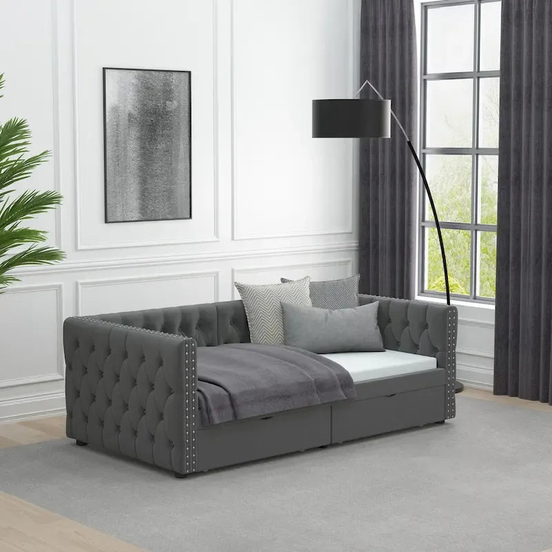 Twin Size Daybed with Drawers Upholstered Tufted Sofa Bed
