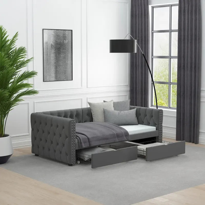 Twin Size Daybed with Drawers Upholstered Tufted Sofa Bed