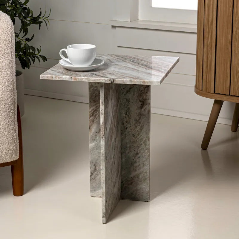 Venus 18.5 Contemporary Natural Marble Handmade T-Shaped End Table, Gray/Beige, by JONATHAN Y.