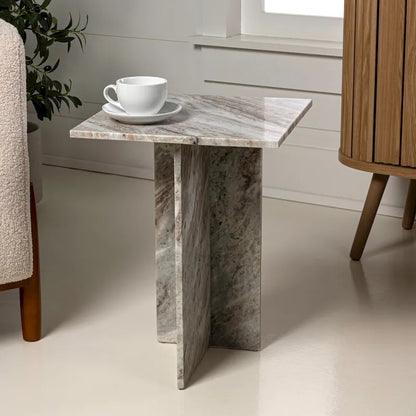 Venus 18.5 Contemporary Natural Marble Handmade T-Shaped End Table, Gray/Beige, by JONATHAN Y.