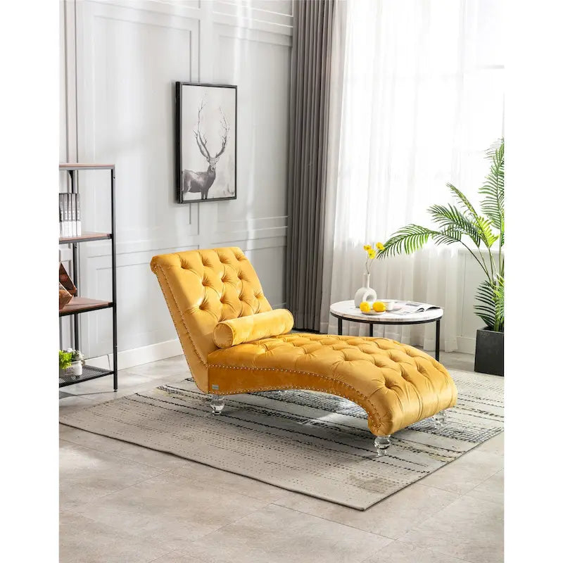 Leisure Concubine Sofa with Acrylic Feet, Traditional Chaise Velvet Barrel Sofa with Lumbar Support Pillow for Living Room