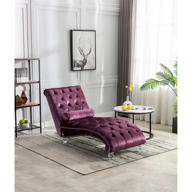 Leisure Concubine Sofa with Acrylic Feet, Traditional Chaise Velvet Barrel Sofa with Lumbar Support Pillow for Living Room