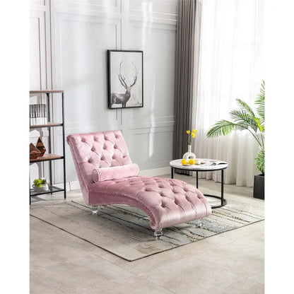 Leisure Concubine Sofa with Acrylic Feet, Traditional Chaise Velvet Barrel Sofa with Lumbar Support Pillow for Living Room