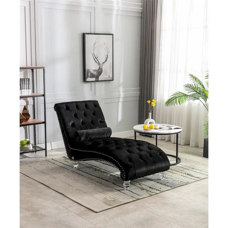 Leisure Concubine Sofa with Acrylic Feet, Traditional Chaise Velvet Barrel Sofa with Lumbar Support Pillow for Living Room