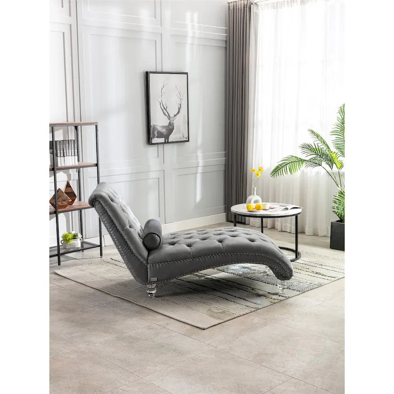 Leisure Concubine Sofa with Acrylic Feet, Traditional Chaise Velvet Barrel Sofa with Lumbar Support Pillow for Living Room